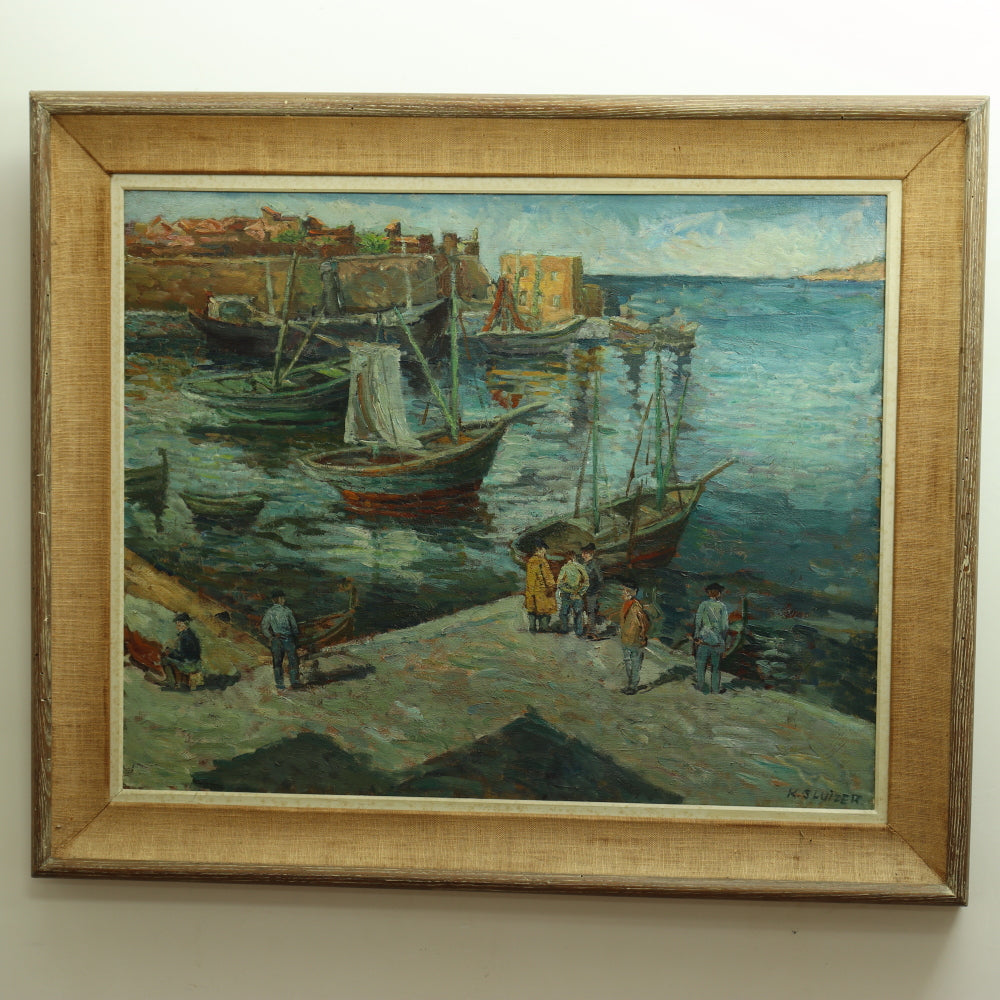 AW740: Kurt Sluizer Ashcan WPA Oil on Canvas Painting of Fishermen Dockside Circa 1930's