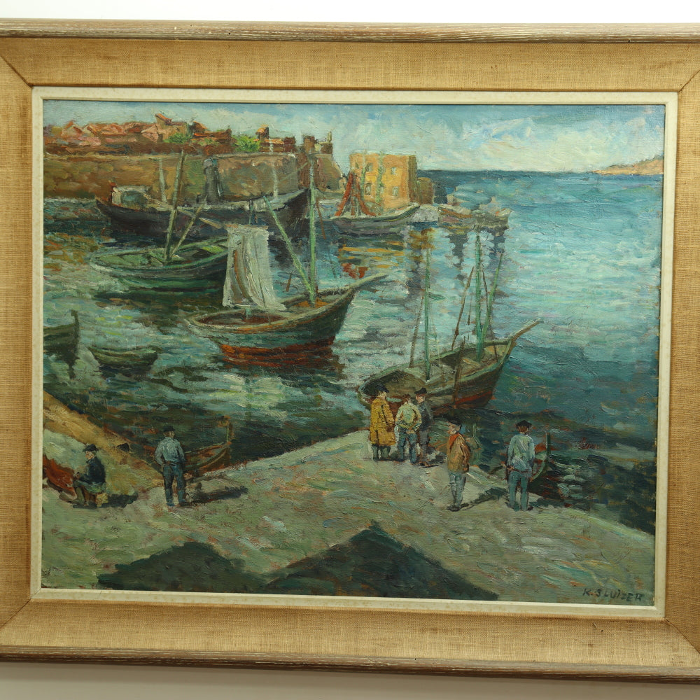 AW740: Kurt Sluizer Ashcan WPA Oil on Canvas Painting of Fishermen Dockside Circa 1930's