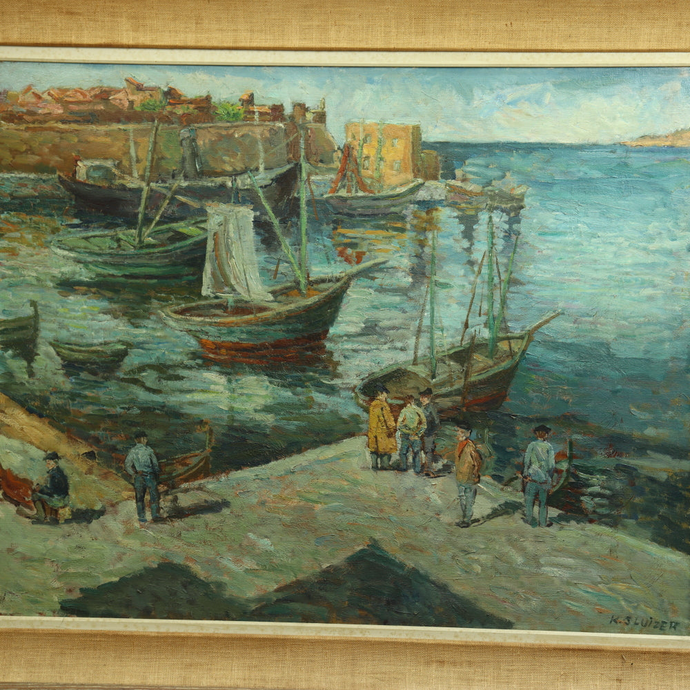 AW740: Kurt Sluizer Ashcan WPA Oil on Canvas Painting of Fishermen Dockside Circa 1930's