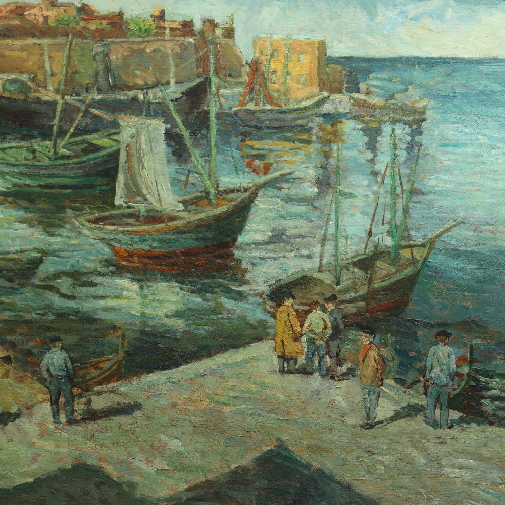 AW740: Kurt Sluizer Ashcan WPA Oil on Canvas Painting of Fishermen Dockside Circa 1930's