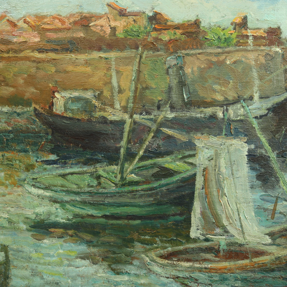 AW740: Kurt Sluizer Ashcan WPA Oil on Canvas Painting of Fishermen Dockside Circa 1930's