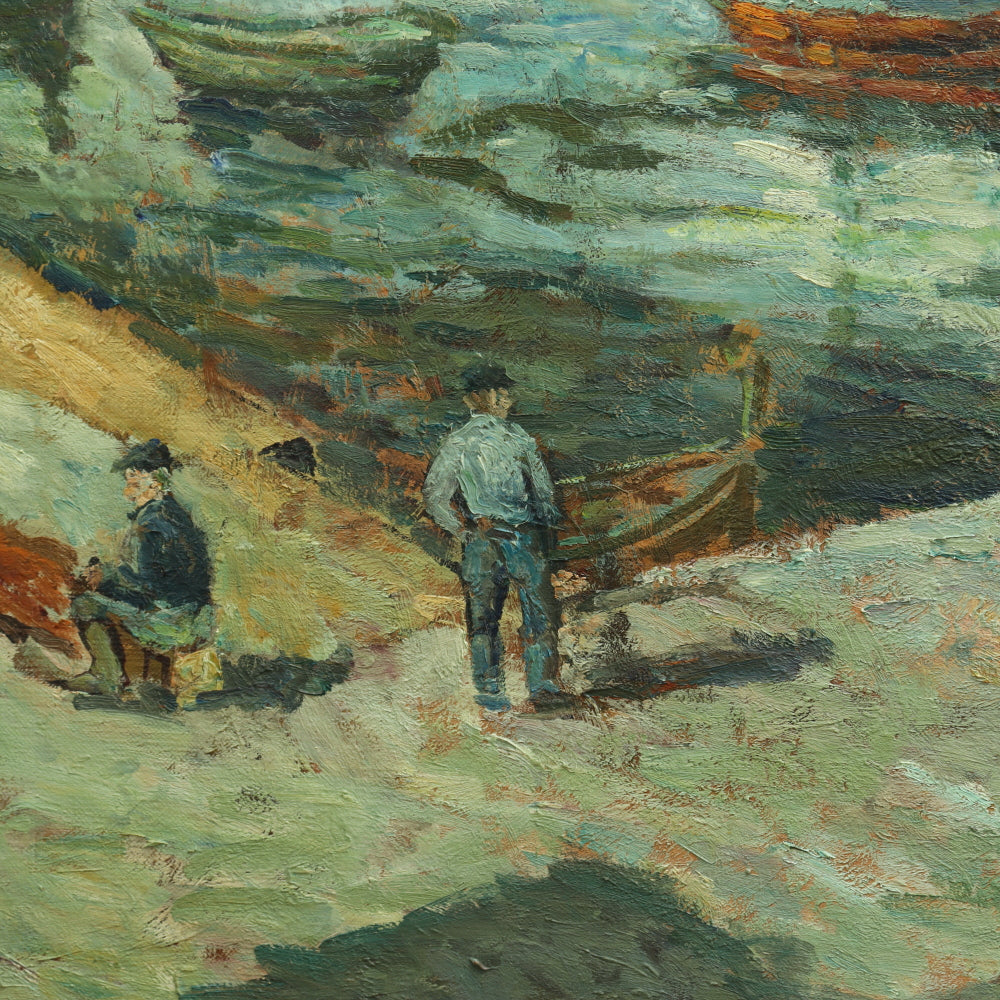 AW740: Kurt Sluizer Ashcan WPA Oil on Canvas Painting of Fishermen Dockside Circa 1930's