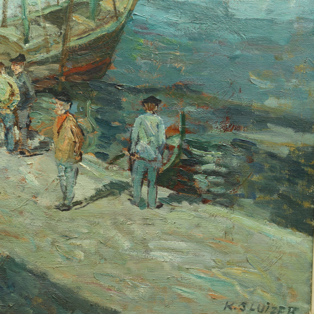 AW740: Kurt Sluizer Ashcan WPA Oil on Canvas Painting of Fishermen Dockside Circa 1930's