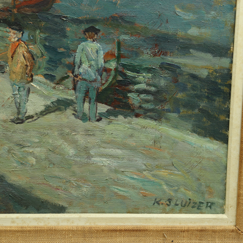 AW740: Kurt Sluizer Ashcan WPA Oil on Canvas Painting of Fishermen Dockside Circa 1930's