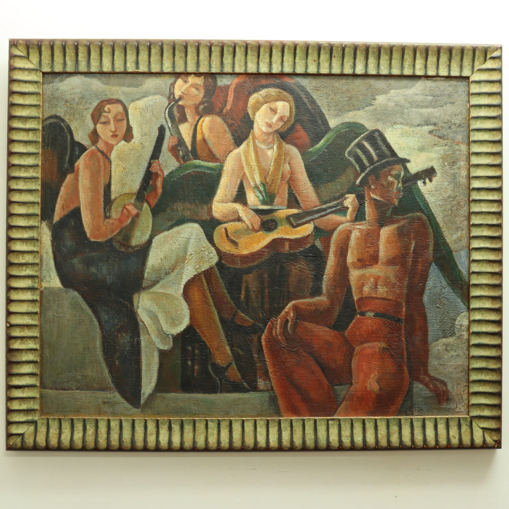 AW366: French Art Deco Minstrels - Oil on Canvas Circa 1920's