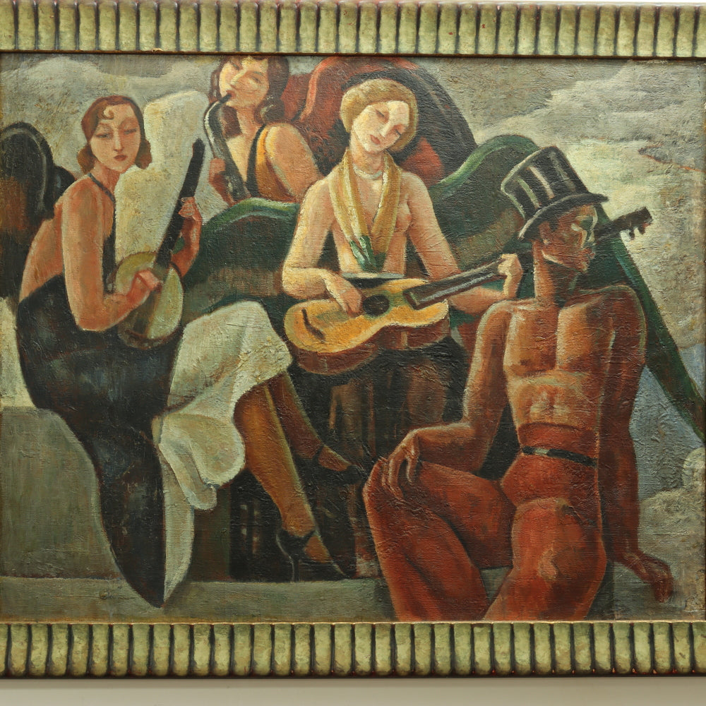 AW366: French Art Deco Minstrels - Oil on Canvas Circa 1920's