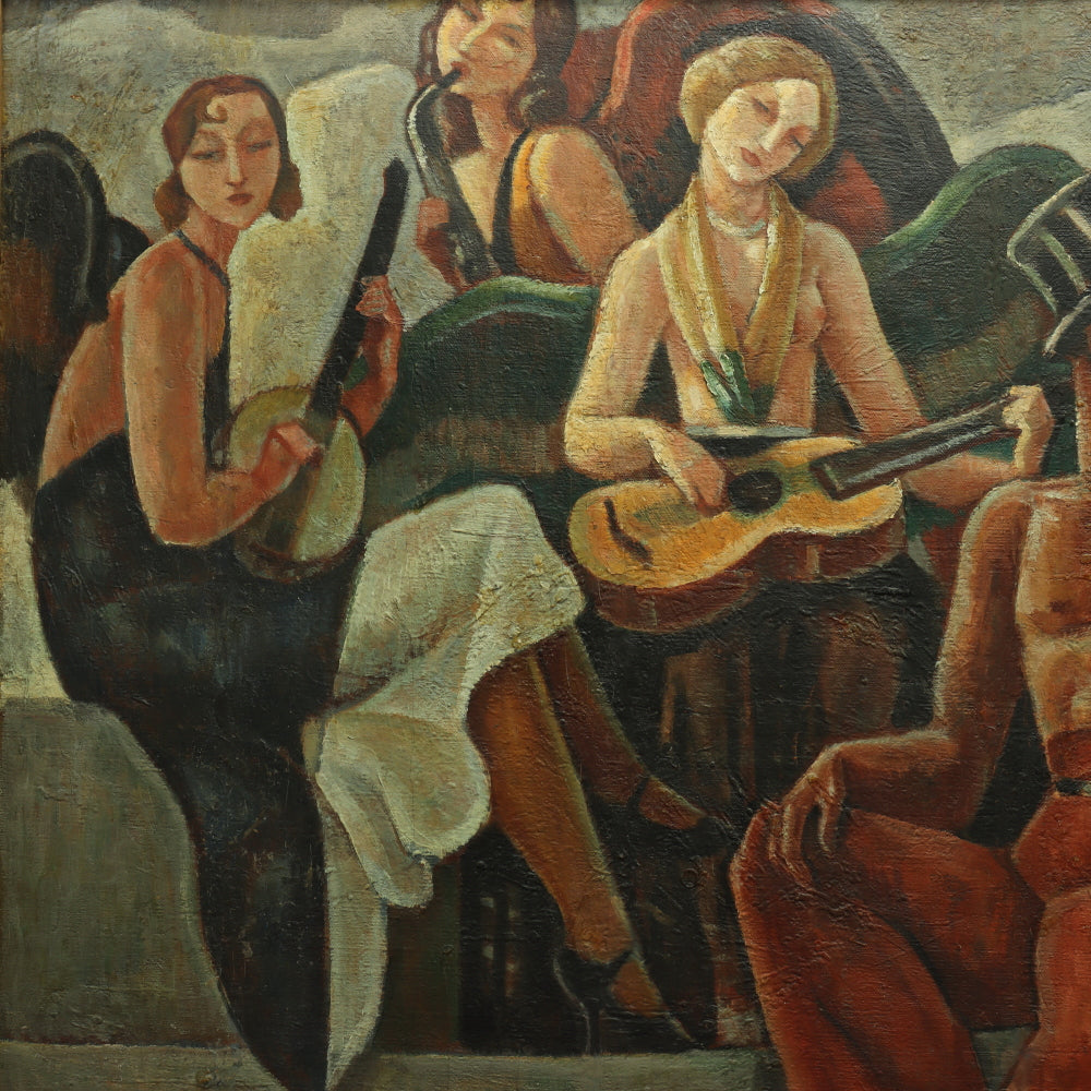 AW366: French Art Deco Minstrels - Oil on Canvas Circa 1920's