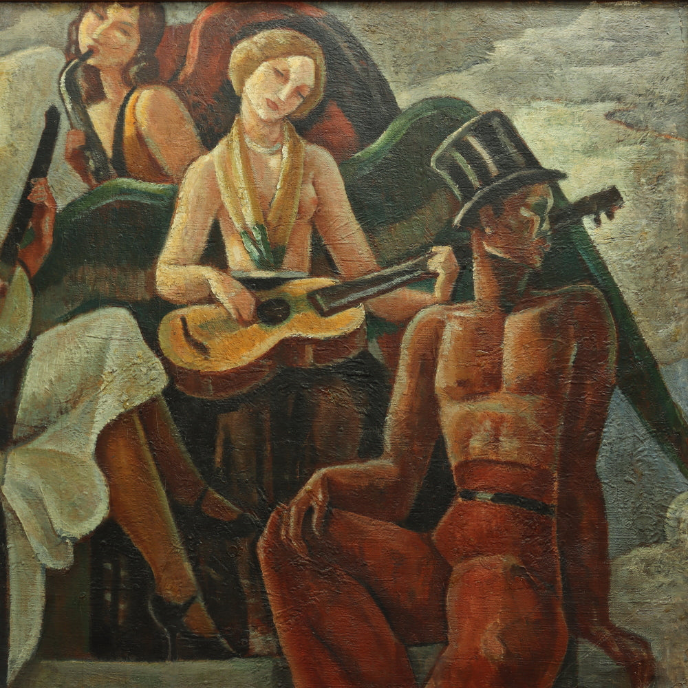 AW366: French Art Deco Minstrels - Oil on Canvas Circa 1920's