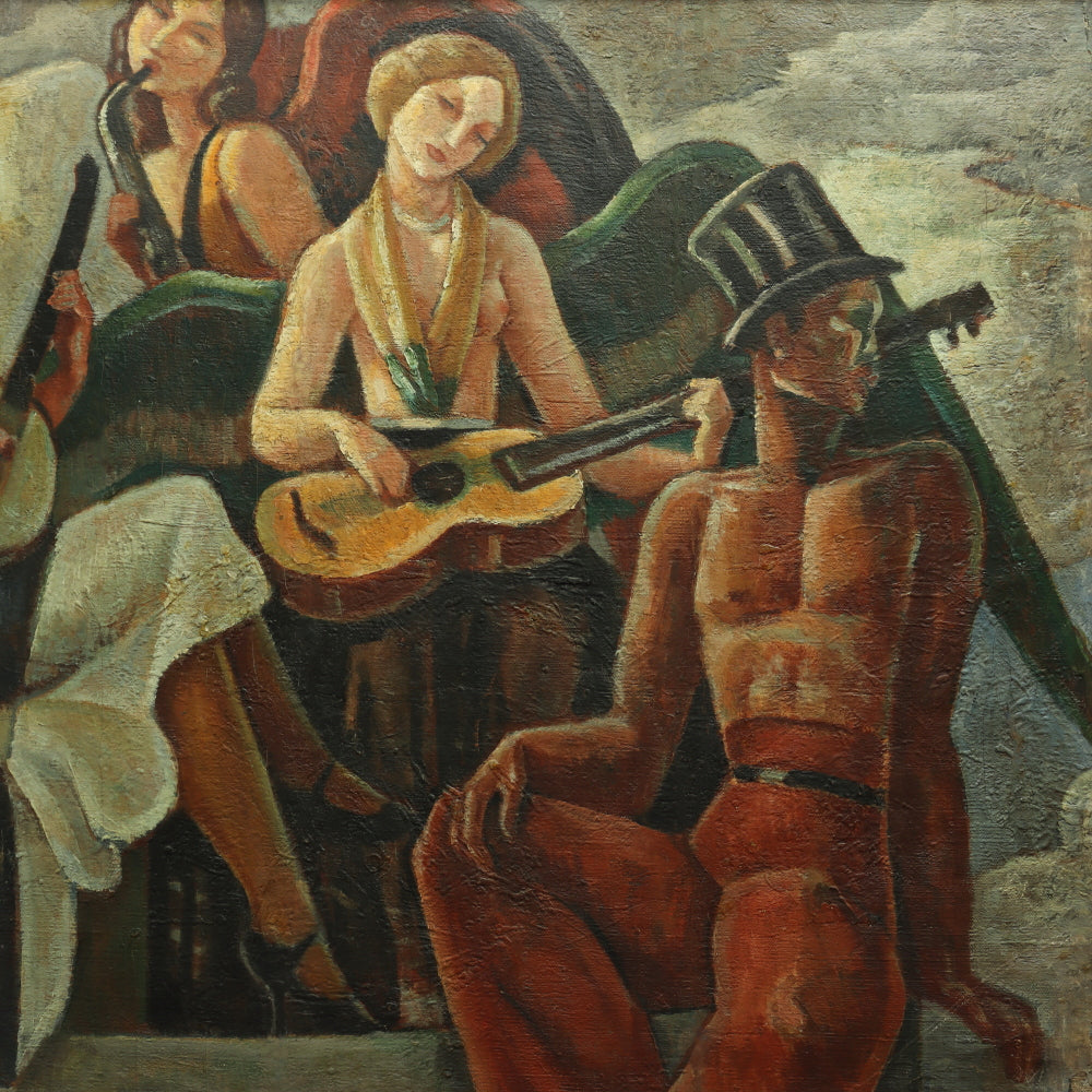 AW366: French Art Deco Minstrels - Oil on Canvas Circa 1920's