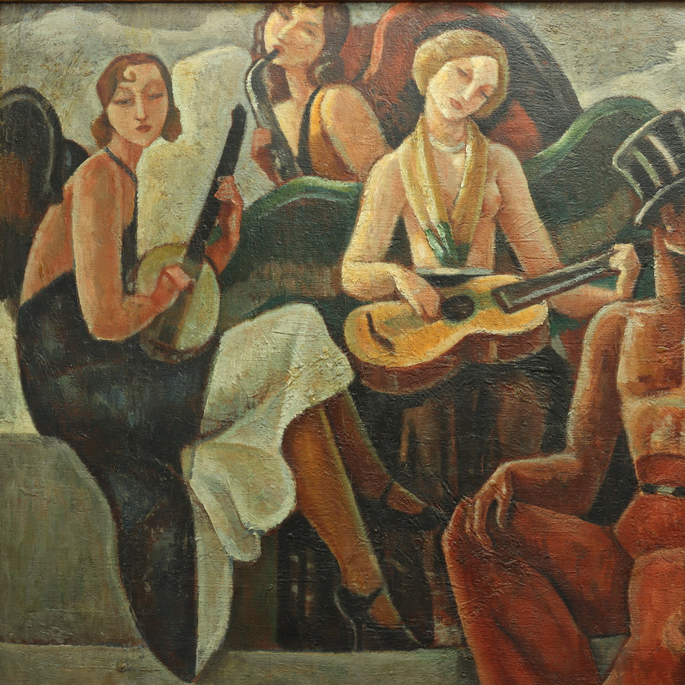 AW366: French Art Deco Minstrels - Oil on Canvas Circa 1920's