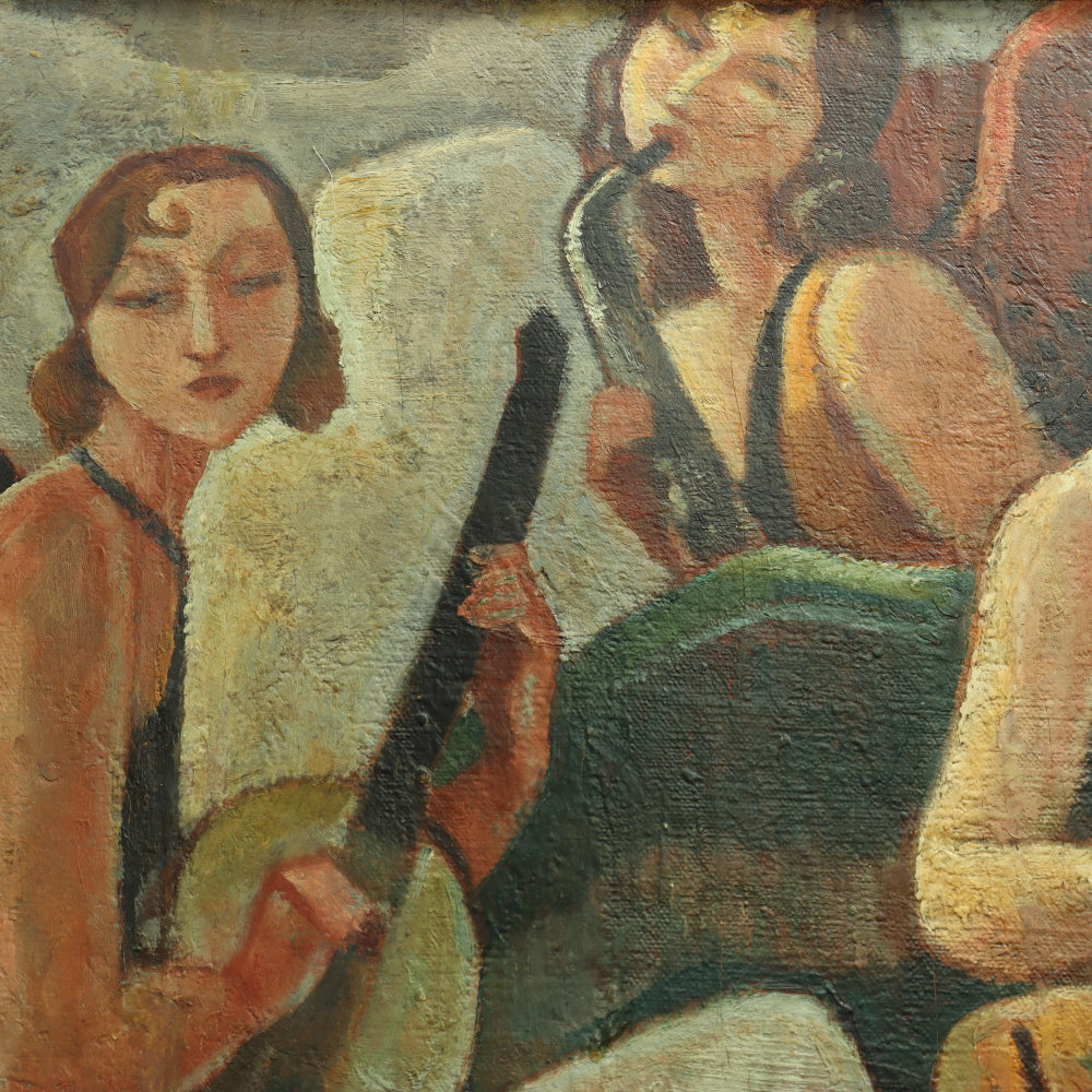 AW366: French Art Deco Minstrels - Oil on Canvas Circa 1920's