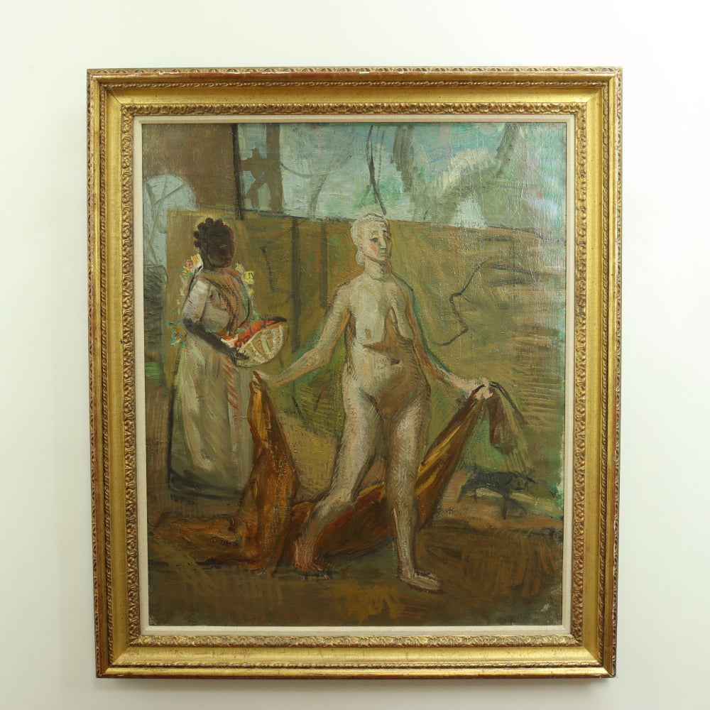 AW754: Frank Watkins "Female Nude With Handmaiden and Dog" Oil on Canvas