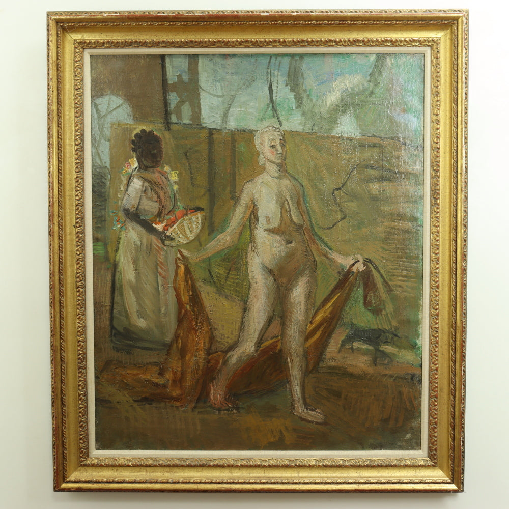 AW754: Frank Watkins "Female Nude With Handmaiden and Dog" Oil on Canvas