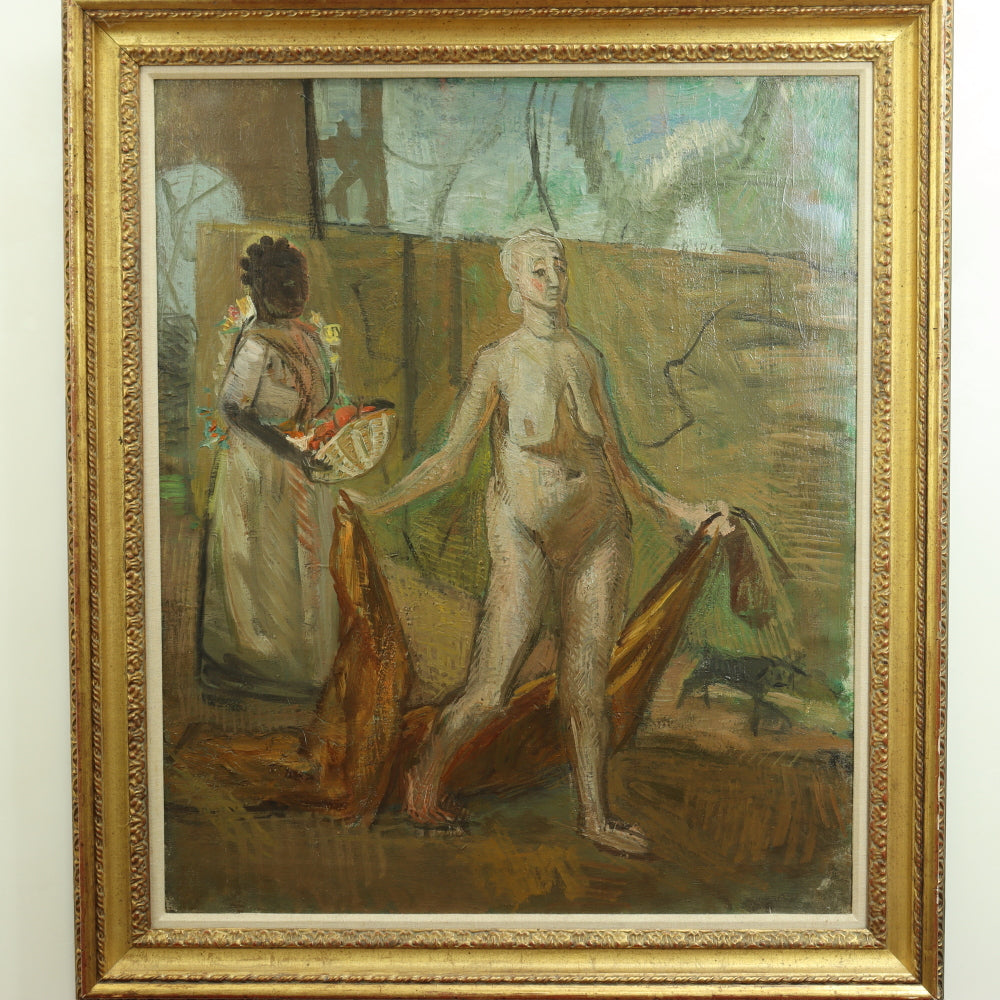 AW754: Frank Watkins "Female Nude With Handmaiden and Dog" Oil on Canvas