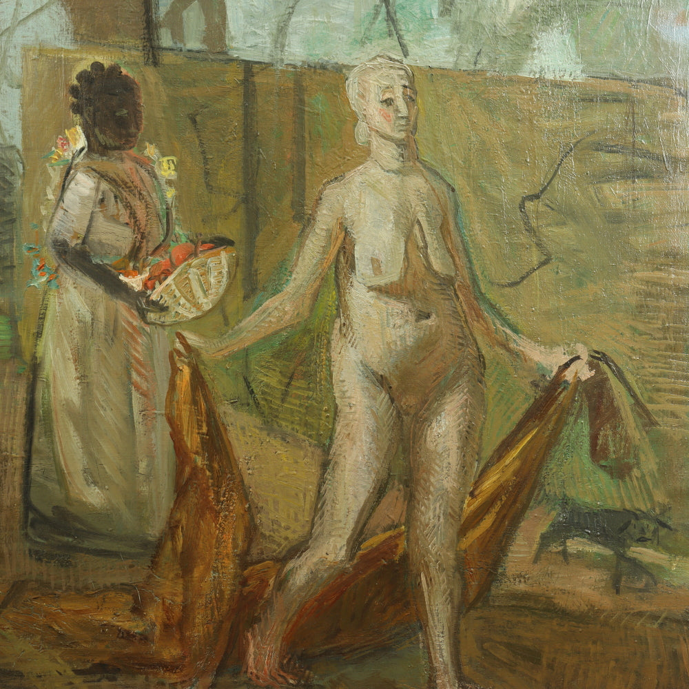 AW754: Frank Watkins "Female Nude With Handmaiden and Dog" Oil on Canvas