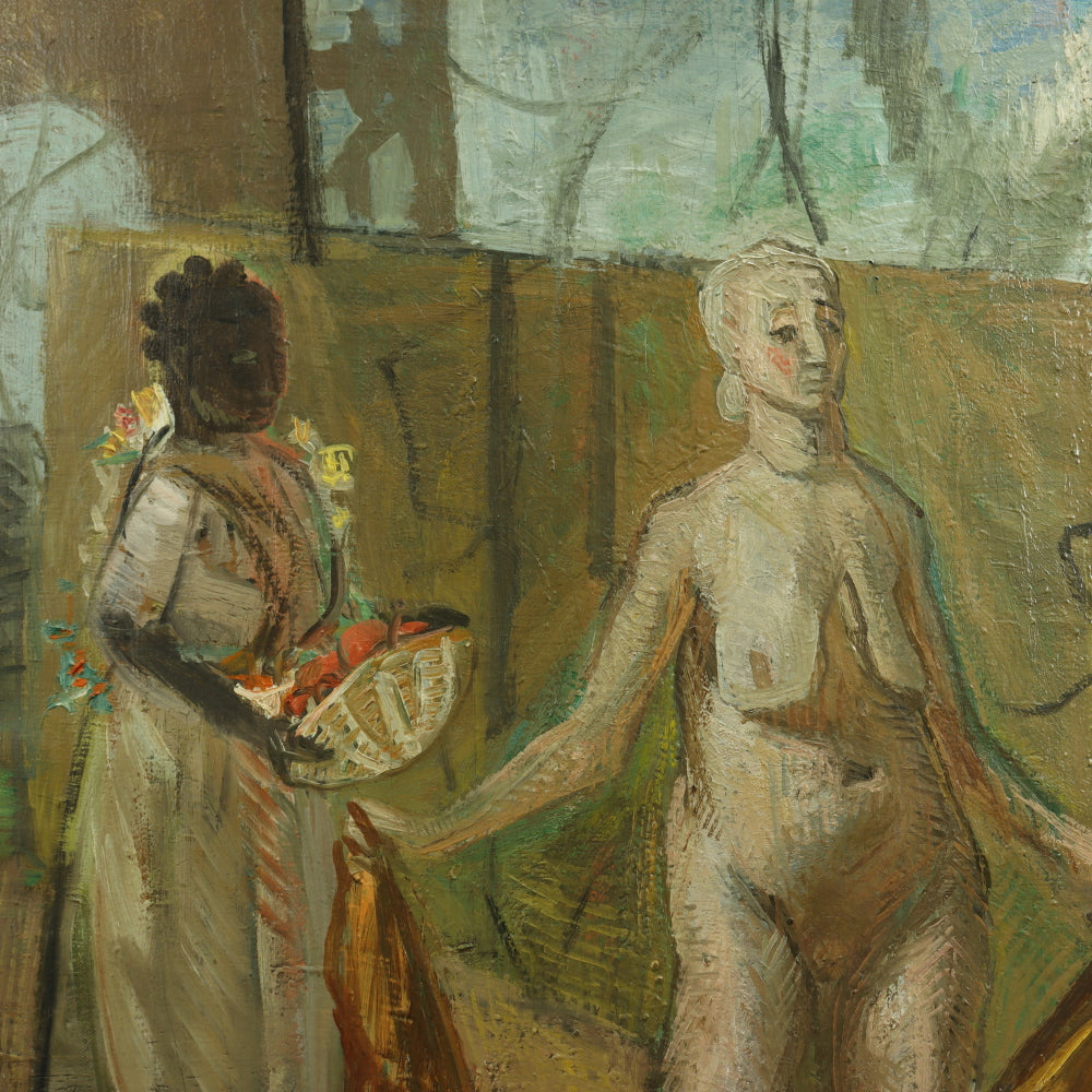 AW754: Frank Watkins "Female Nude With Handmaiden and Dog" Oil on Canvas