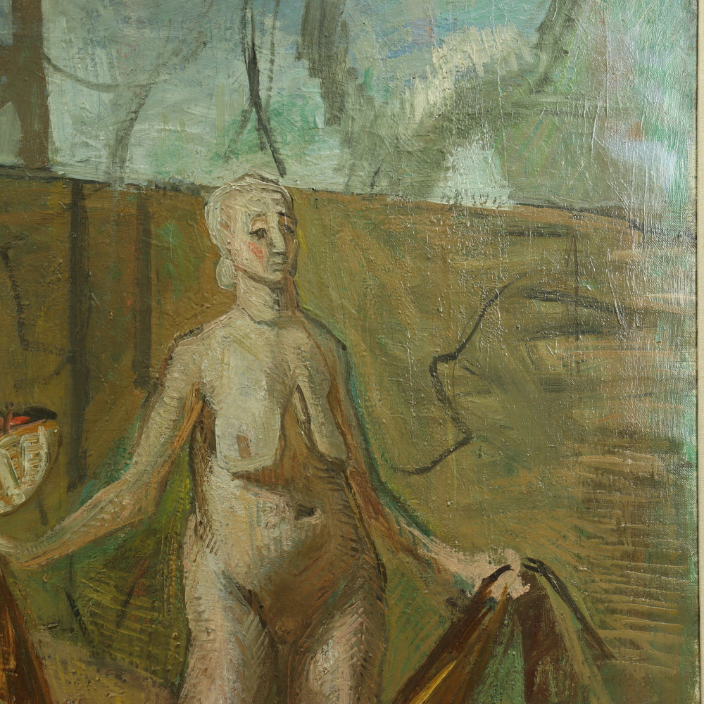 AW754: Frank Watkins "Female Nude With Handmaiden and Dog" Oil on Canvas