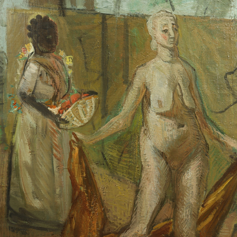 AW754: Frank Watkins "Female Nude With Handmaiden and Dog" Oil on Canvas