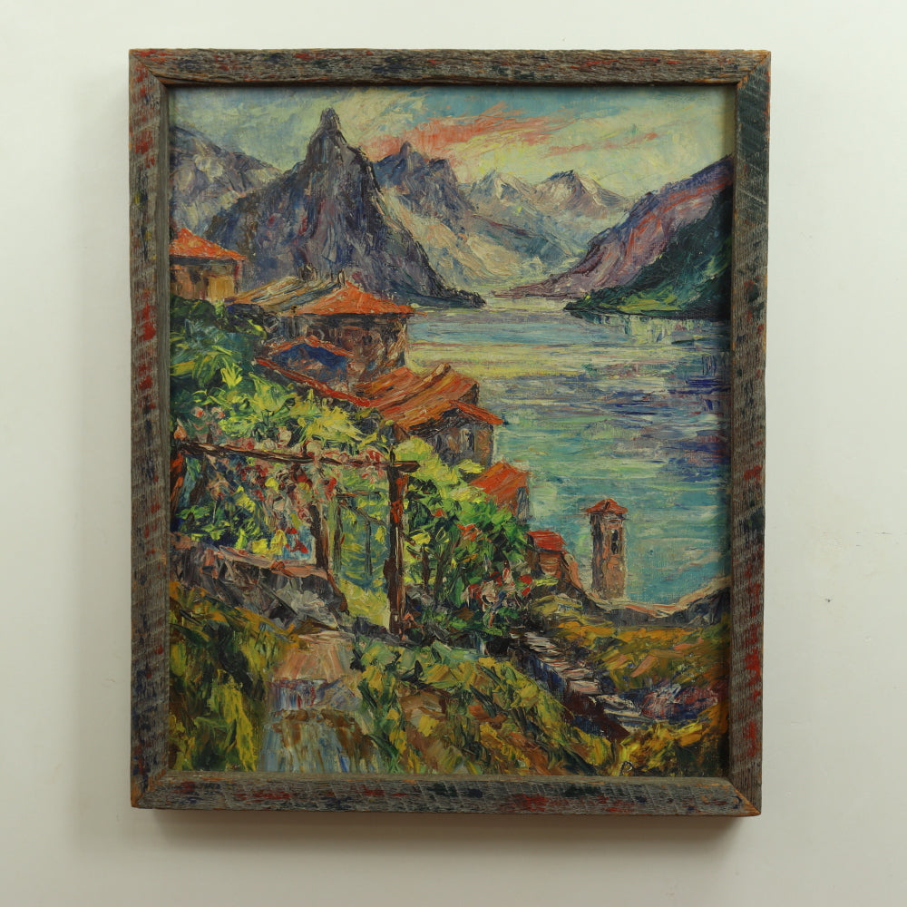 AW756: Lake Maggiore Italy Signed P.C. 1954 Oil on Burlap Canvas Original Artist's Frame