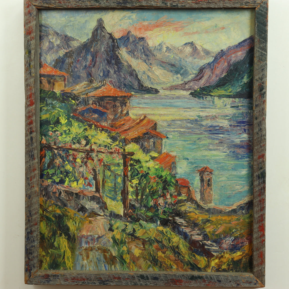 AW756: Lake Maggiore Italy Signed P.C. 1954 Oil on Burlap Canvas Original Artist's Frame