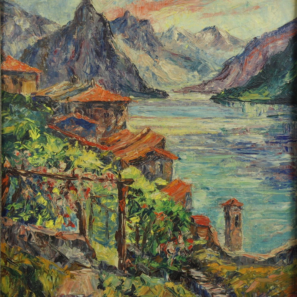 AW756: Lake Maggiore Italy Signed P.C. 1954 Oil on Burlap Canvas Original Artist's Frame