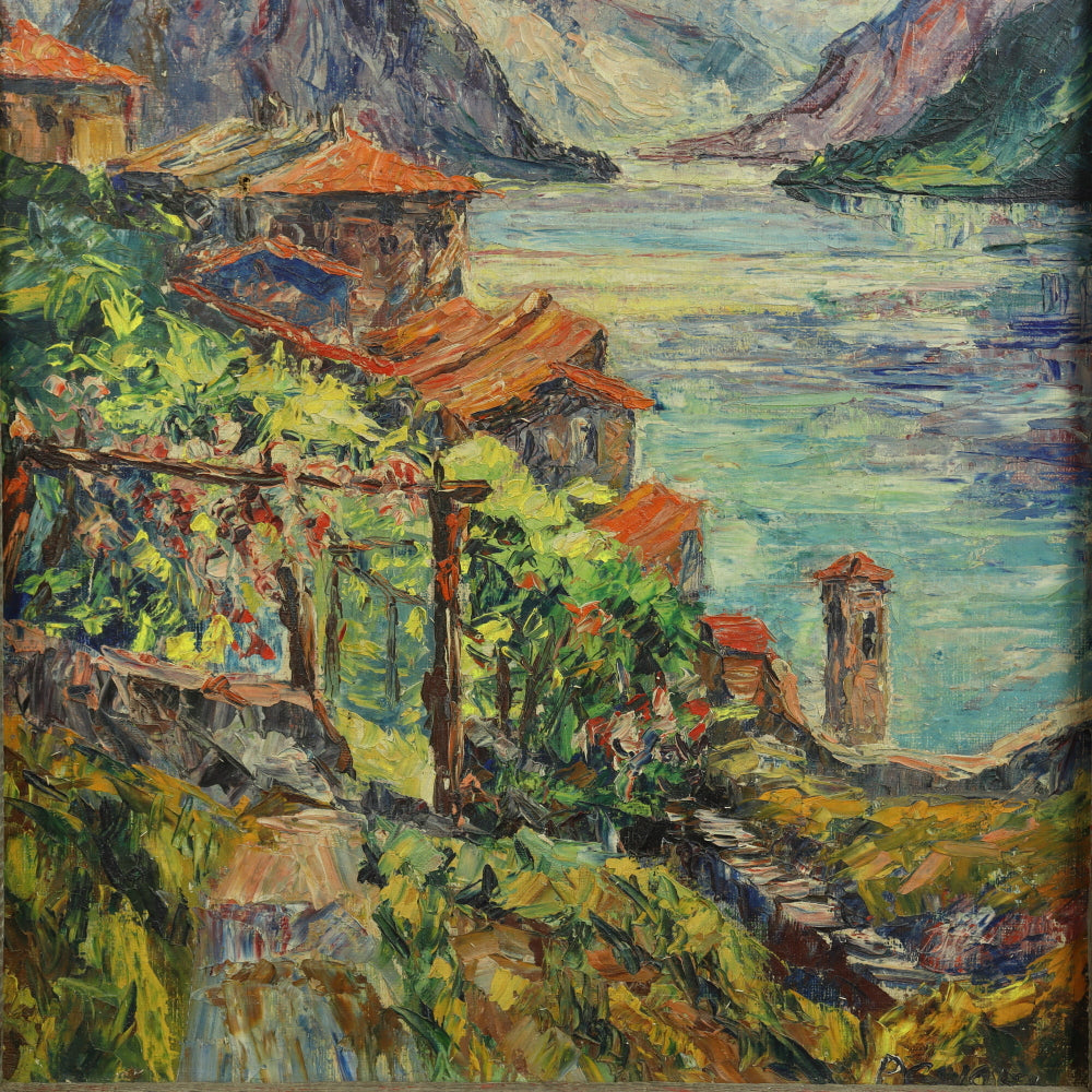 AW756: Lake Maggiore Italy Signed P.C. 1954 Oil on Burlap Canvas Original Artist's Frame