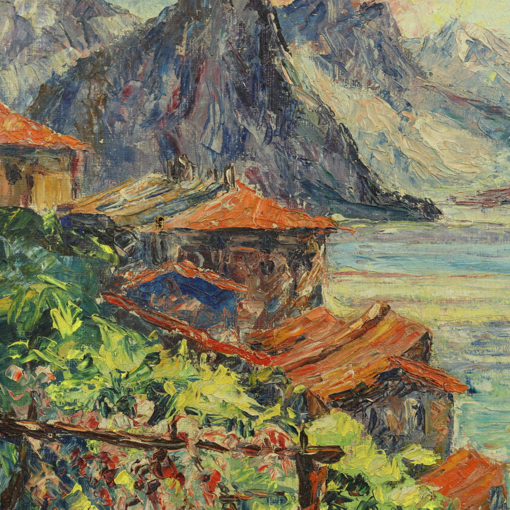 AW756: Lake Maggiore Italy Signed P.C. 1954 Oil on Burlap Canvas Original Artist's Frame