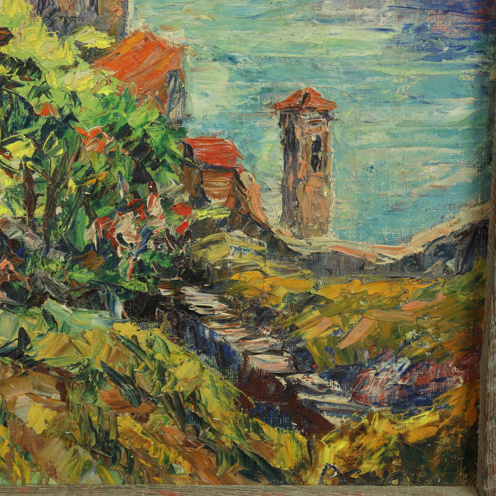 AW756: Lake Maggiore Italy Signed P.C. 1954 Oil on Burlap Canvas Original Artist's Frame