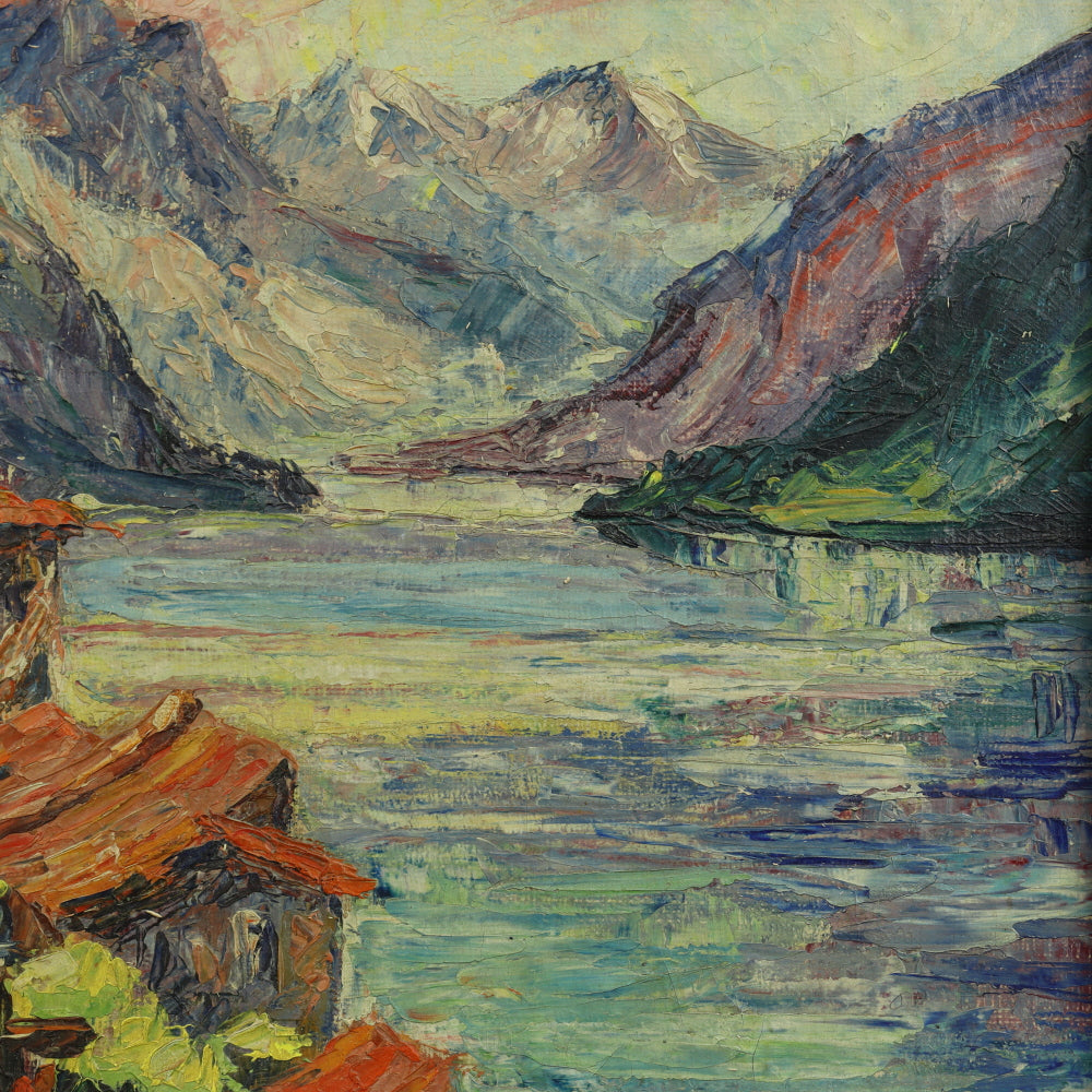 AW756: Lake Maggiore Italy Signed P.C. 1954 Oil on Burlap Canvas Original Artist's Frame