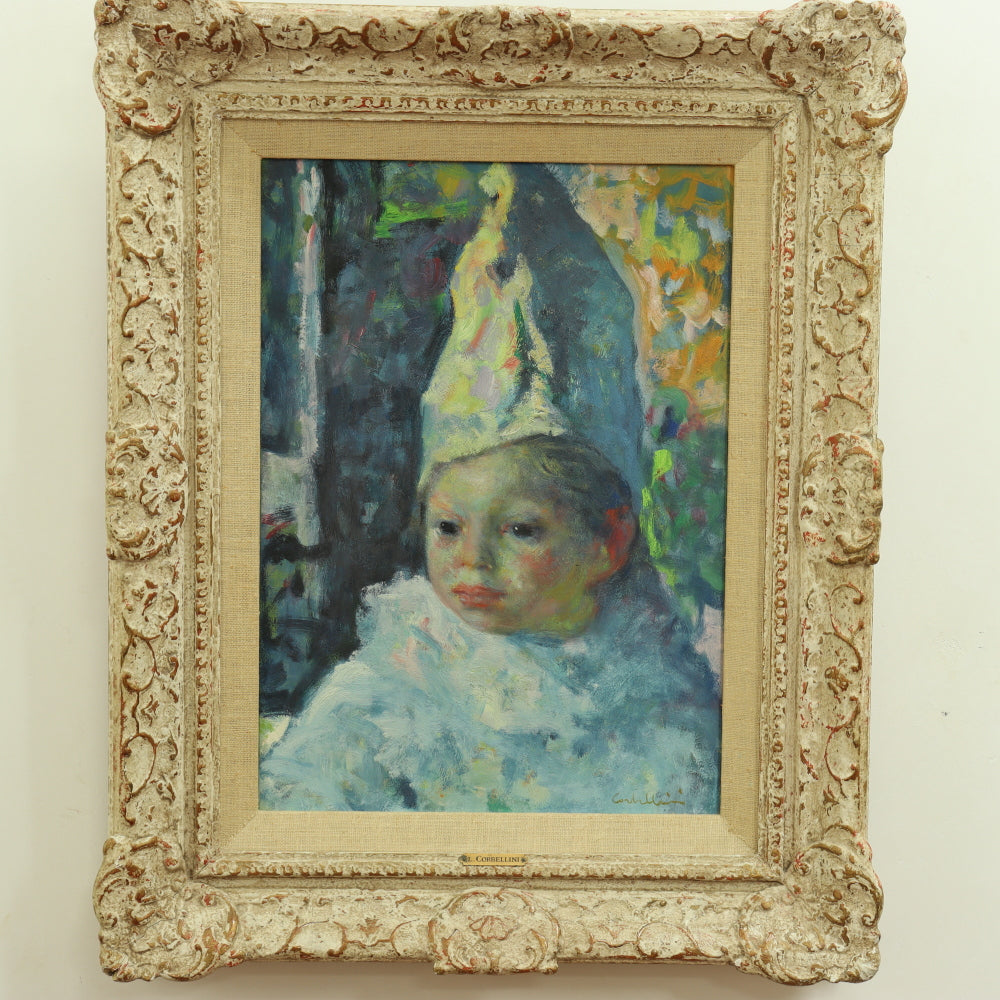 AW1-758: Luidi. Corbellini "Child Clown" Oil on Canvas Mid 20th Century