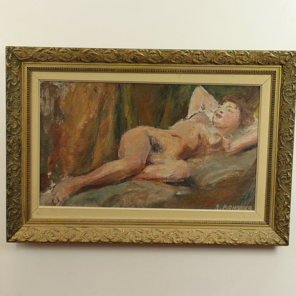 AW763: French School "Reclining Nude" Early 20th Century Impressionist Oil on Canvas