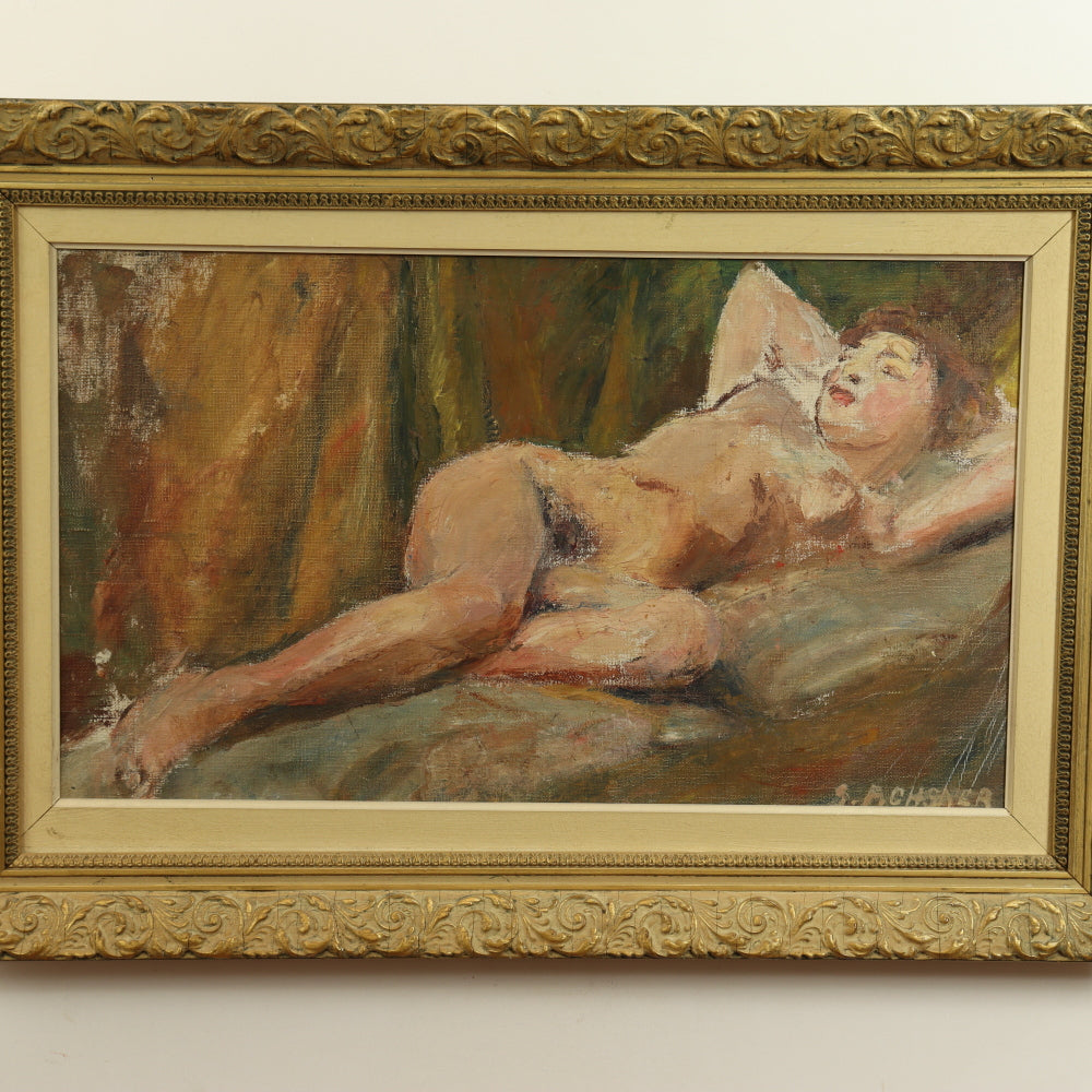 AW763: French School "Reclining Nude" Early 20th Century Impressionist Oil on Canvas