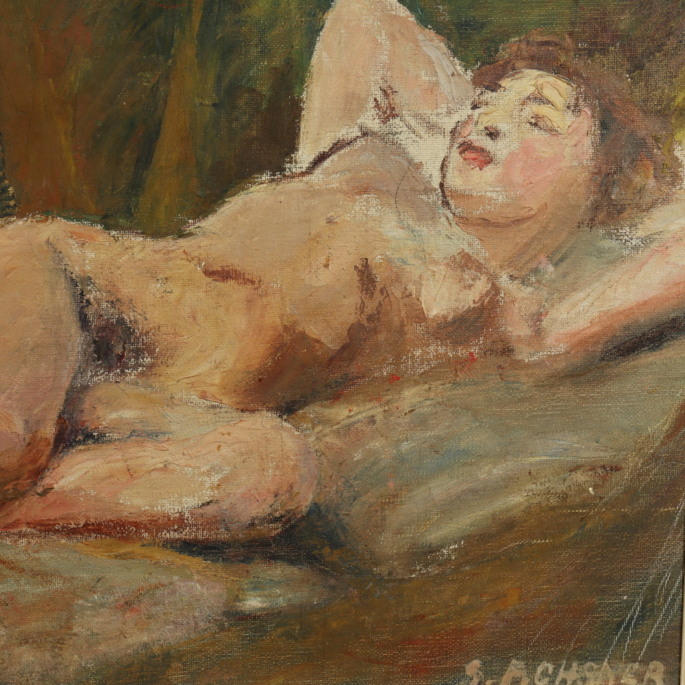 AW763: French School "Reclining Nude" Early 20th Century Impressionist Oil on Canvas