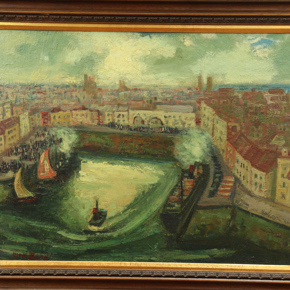 AW142: Max Band Post Impressionist Harbor Scene Oil on Canvas