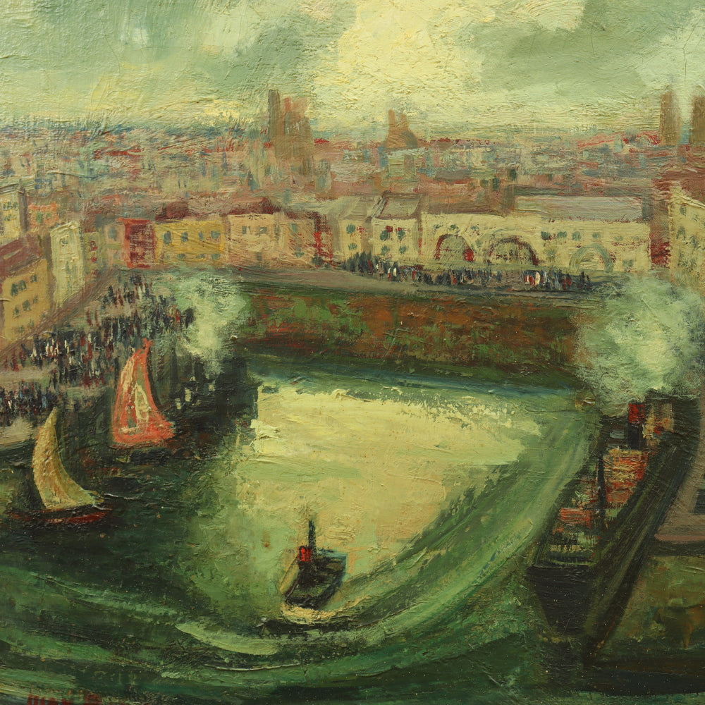 AW142: Max Band Post Impressionist Harbor Scene Oil on Canvas