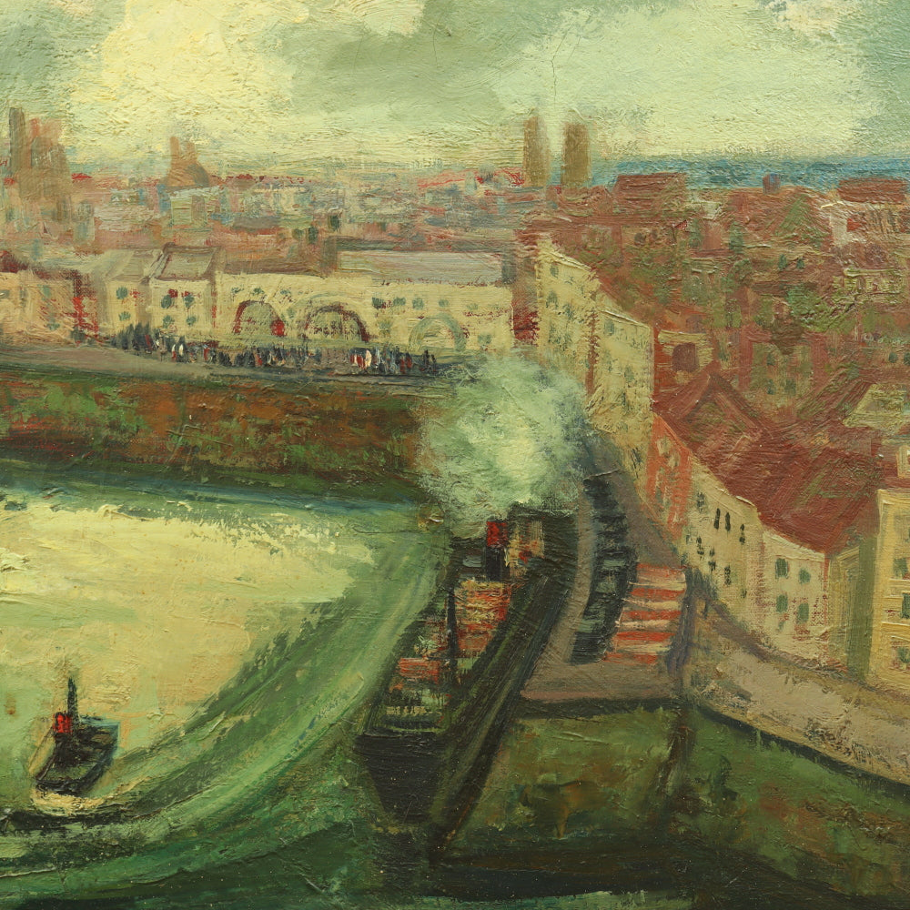 AW142: Max Band Post Impressionist Harbor Scene Oil on Canvas