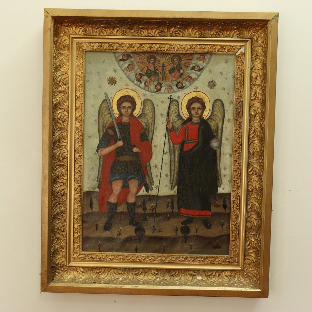 Russian Icon Oil on Canvas Painting Archangels Michael and Gabriel | Work of Man