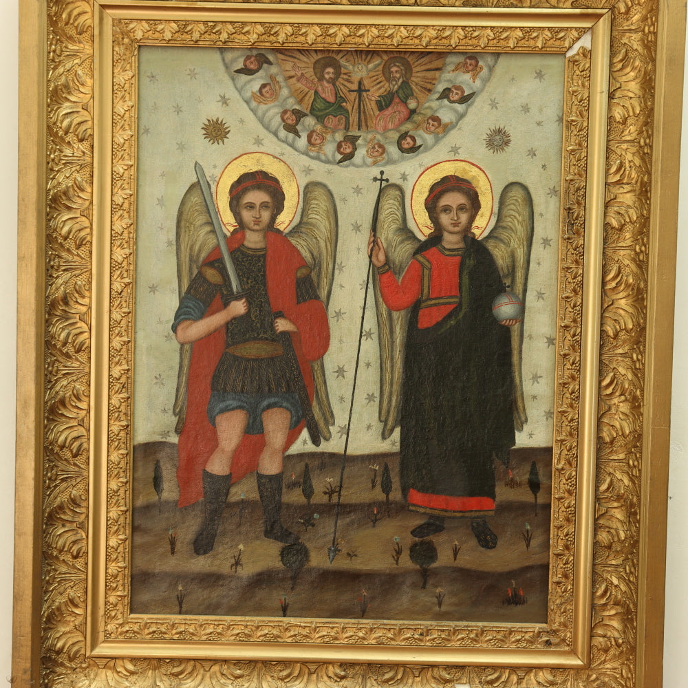 AW413: Russian Icon Oil on Canvas Painting Archangels Michael and Gabriel 19th Century