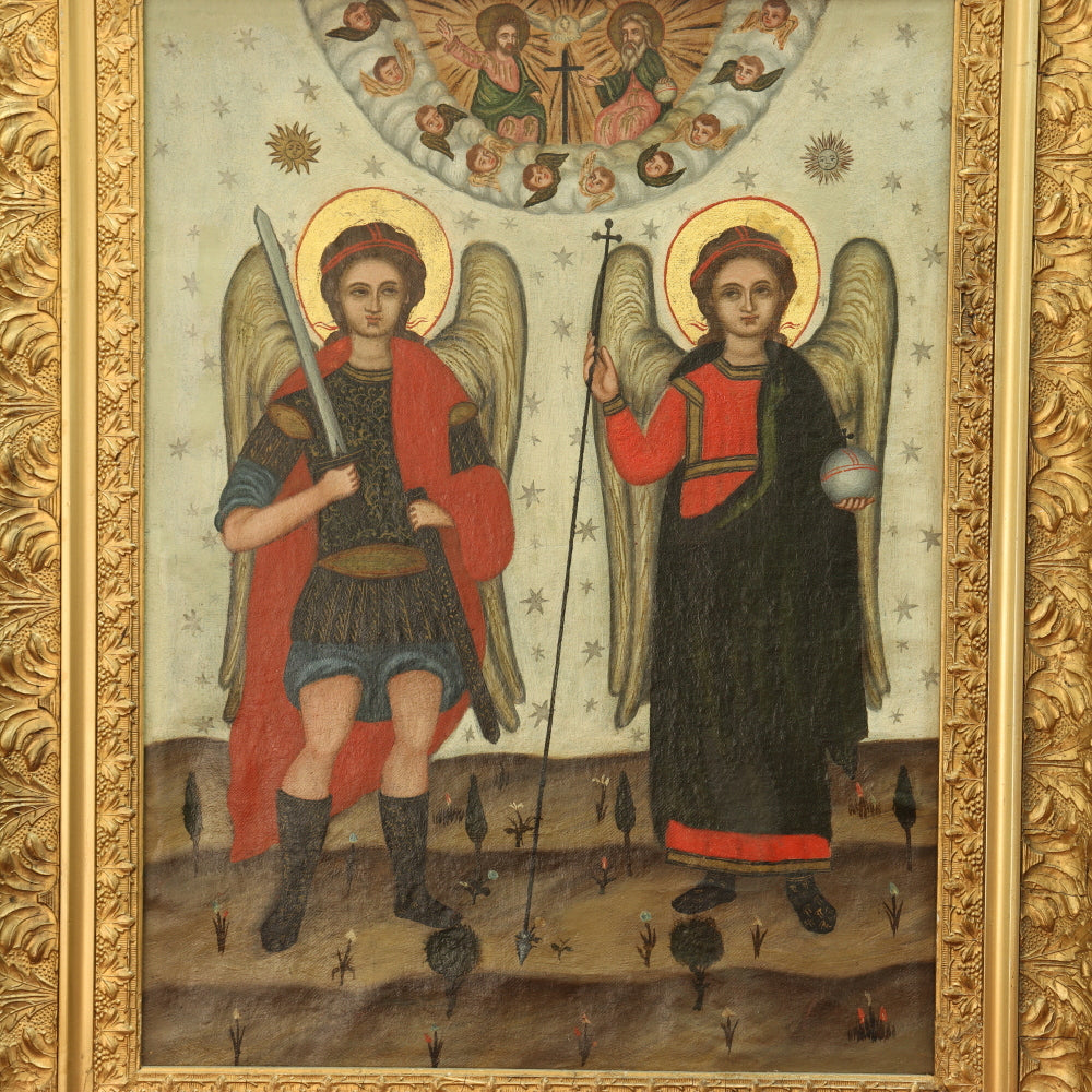 AW413: Russian Icon Oil on Canvas Painting Archangels Michael and Gabriel 19th Century