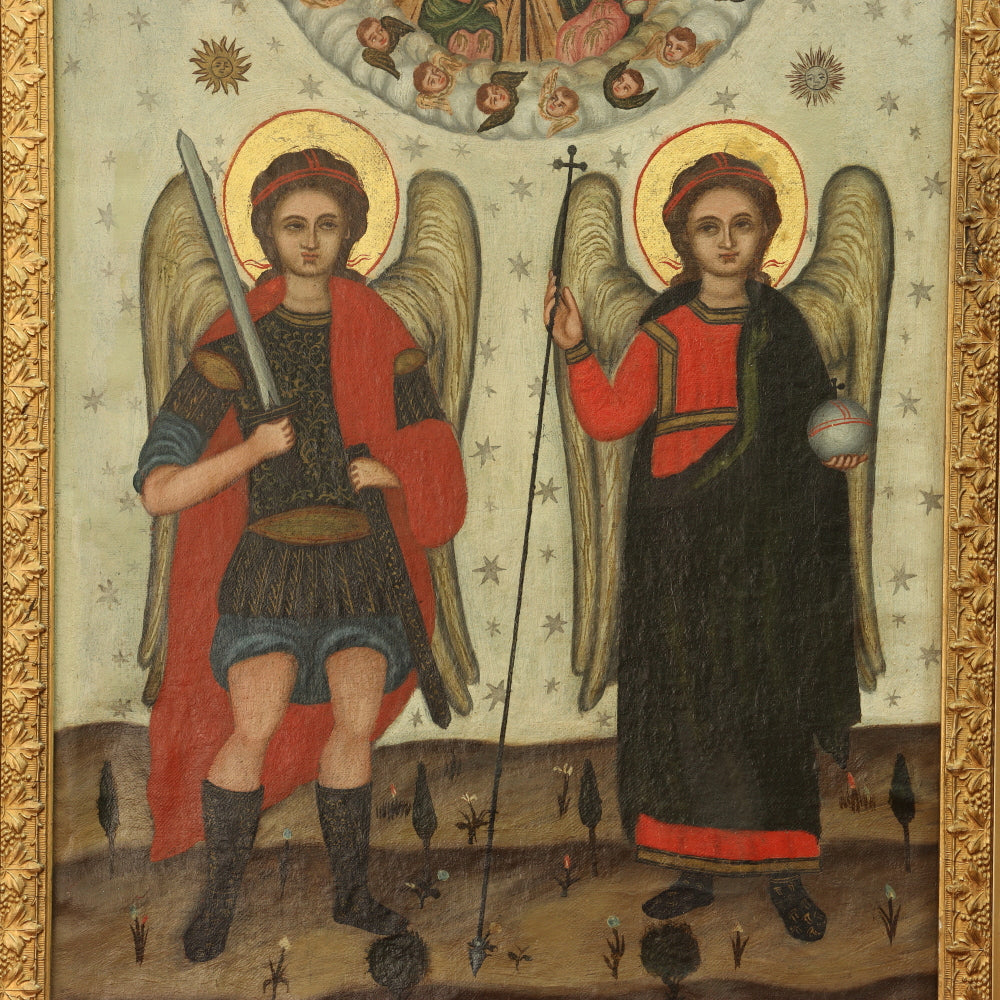 AW413: Russian Icon Oil on Canvas Painting Archangels Michael and Gabriel 19th Century