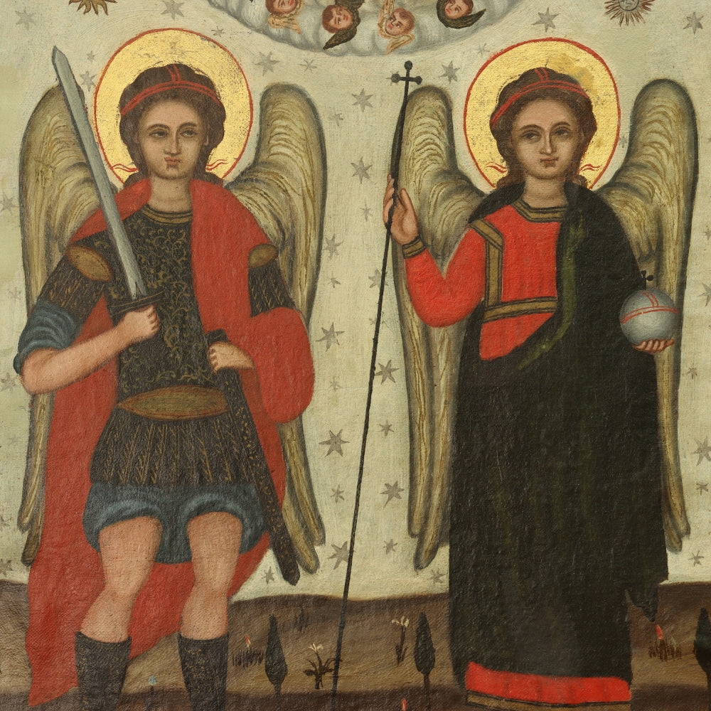 AW413: Russian Icon Oil on Canvas Painting Archangels Michael and Gabriel 19th Century