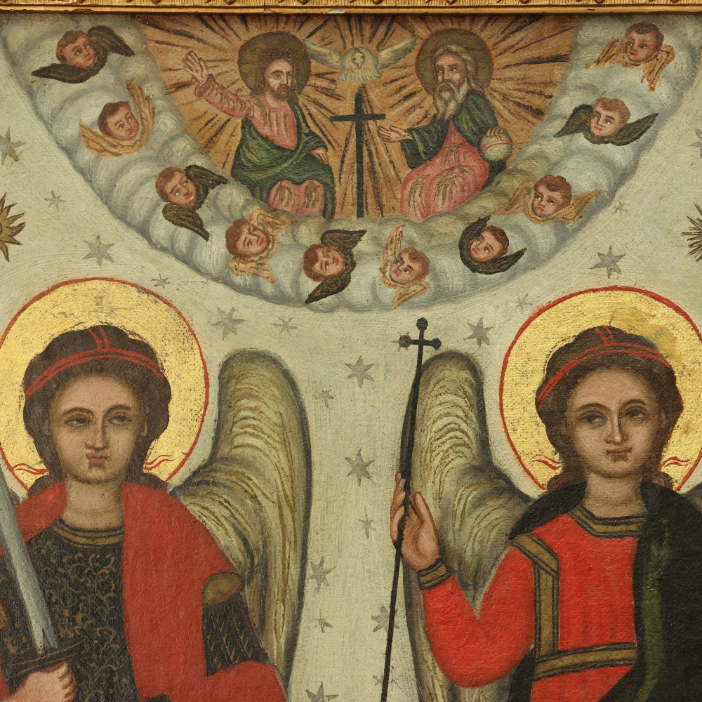 AW413: Russian Icon Oil on Canvas Painting Archangels Michael and Gabriel 19th Century