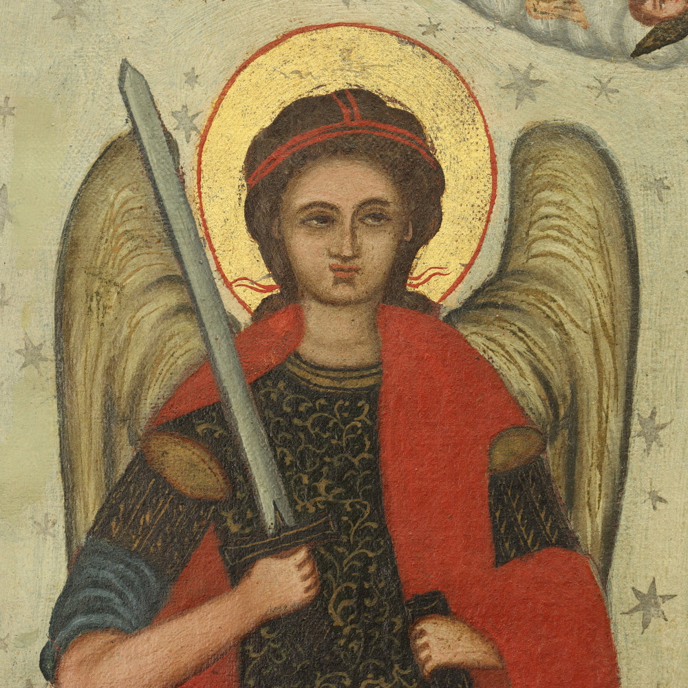 AW413: Russian Icon Oil on Canvas Painting Archangels Michael and Gabriel 19th Century