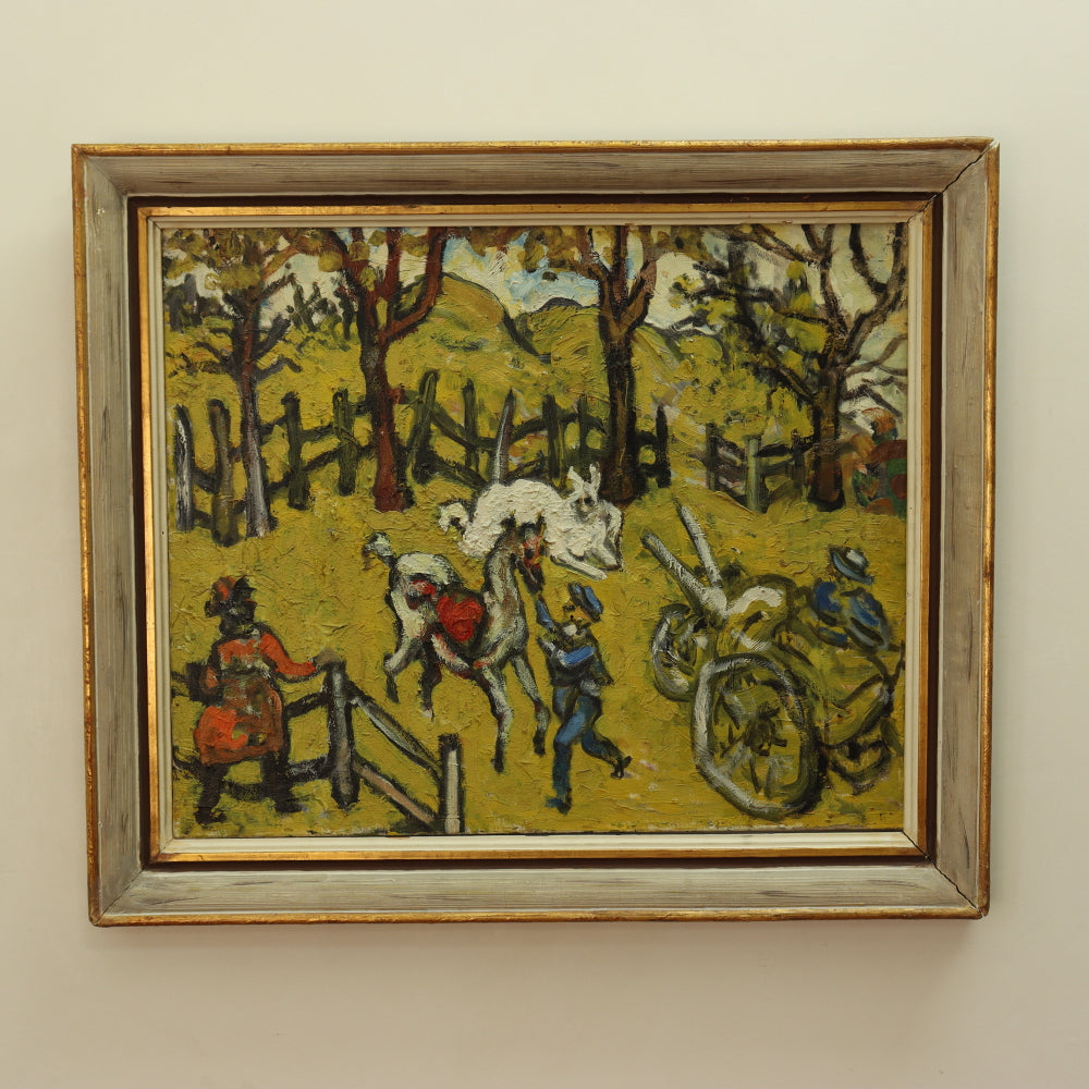 Sacha Moldovan "Farm Scene" Modernist Oil on Canvas | Work of Man