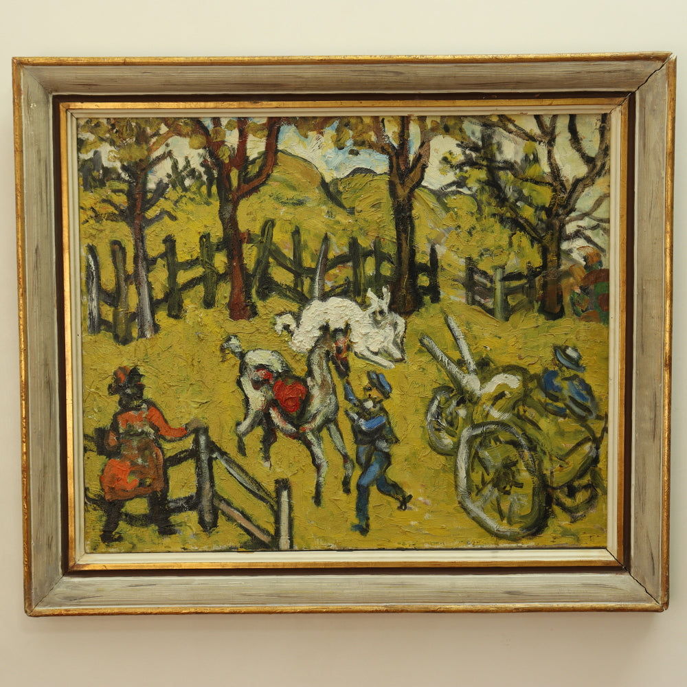 AW775: Sacha Moldovan "Farm Scene" Modernist Oil on Canvas