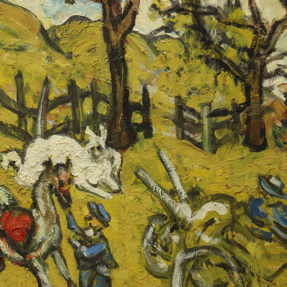 AW775: Sacha Moldovan "Farm Scene" Modernist Oil on Canvas