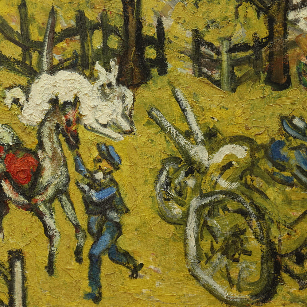 AW775: Sacha Moldovan "Farm Scene" Modernist Oil on Canvas