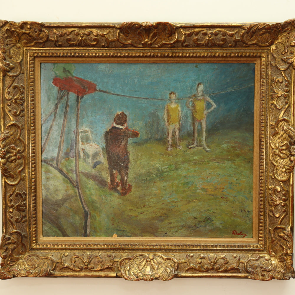 AW776: Robert Pikelny "Tight Rope" Modernist Oil on Board Early 20th Century