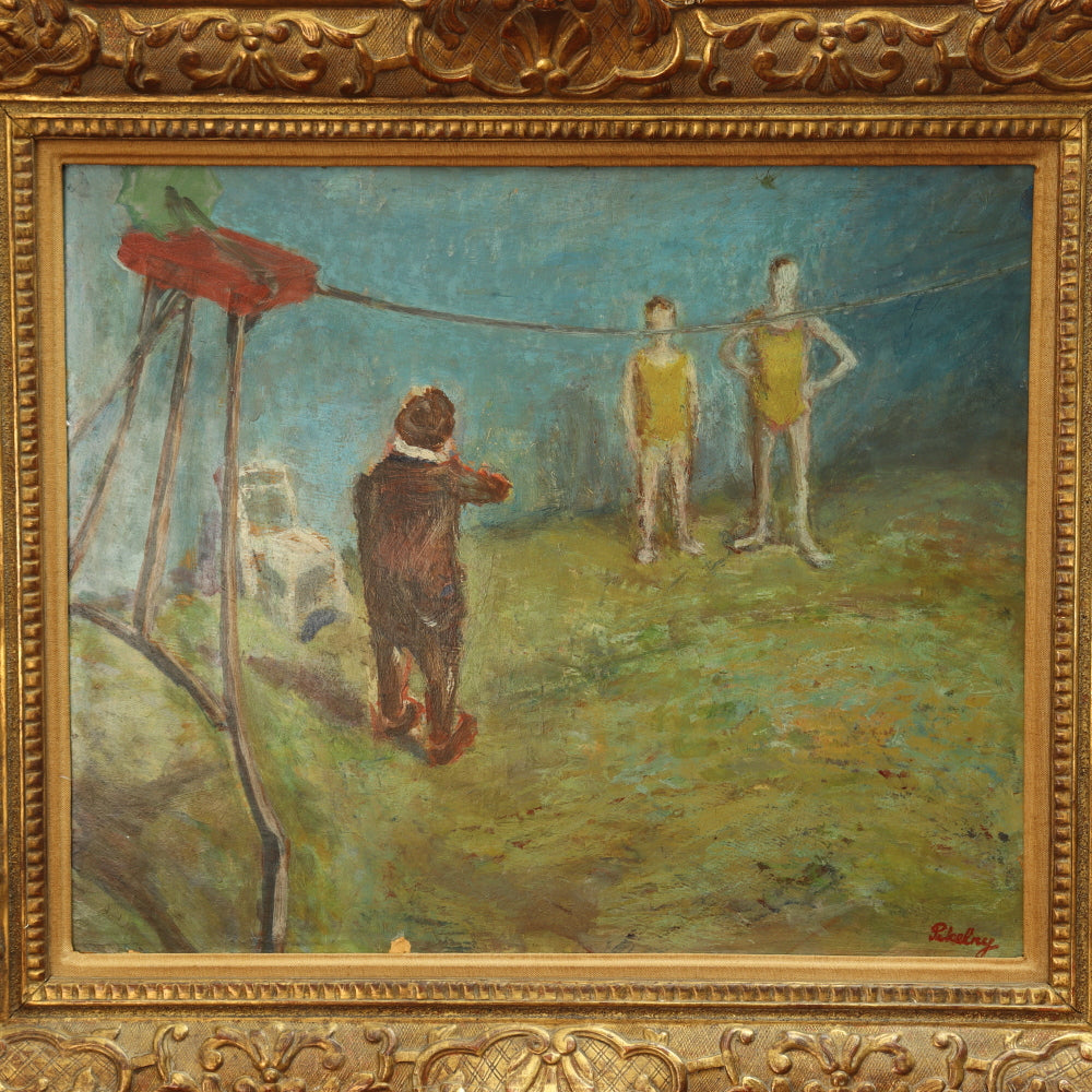 AW776: Robert Pikelny "Tight Rope" Modernist Oil on Board Early 20th Century