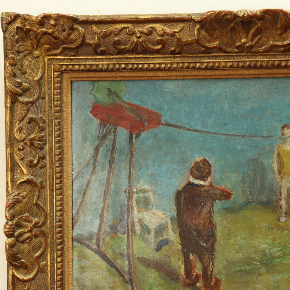 AW776: Robert Pikelny "Tight Rope" Modernist Oil on Board Early 20th Century